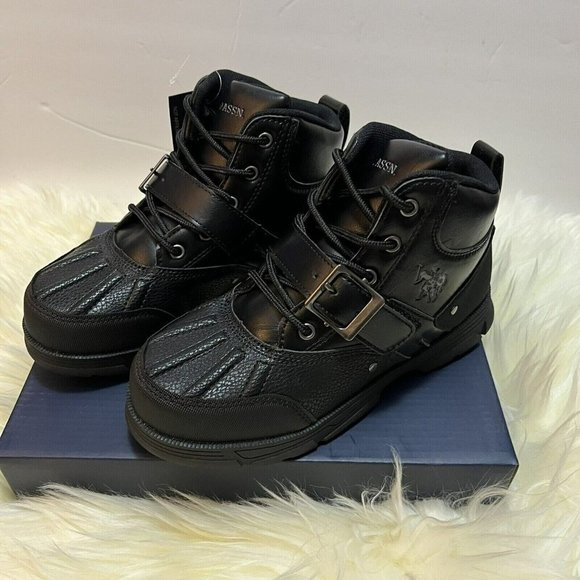 BOY'S Boots Shoes US  POLO ASSN Kedge Kids Ankle Black Faux Leather -All Sizes - Picture 1 of 16
